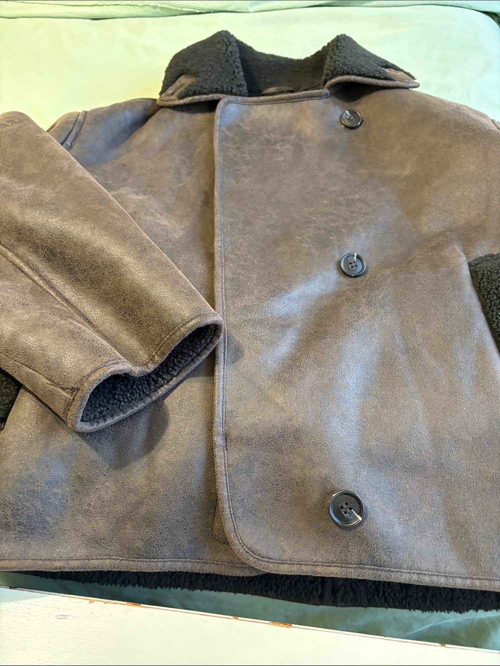 Zara Women's Brown Suede-Look Shearling Pea Coat with Black Lining